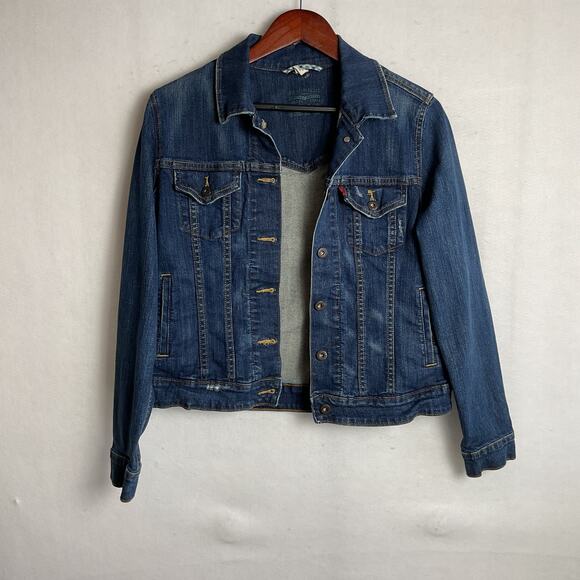 Levi Strauss Womens Button Up Jean Jacket Dark Wash Large Adjustable Waist - Picture 2 of 14